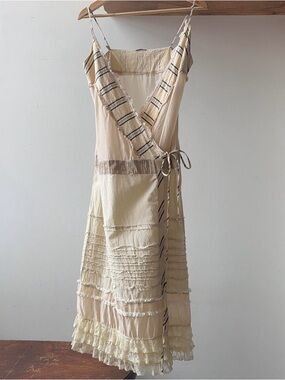 Antonio Marras Cream Lace Wrap Midi Dress with Striped Trim